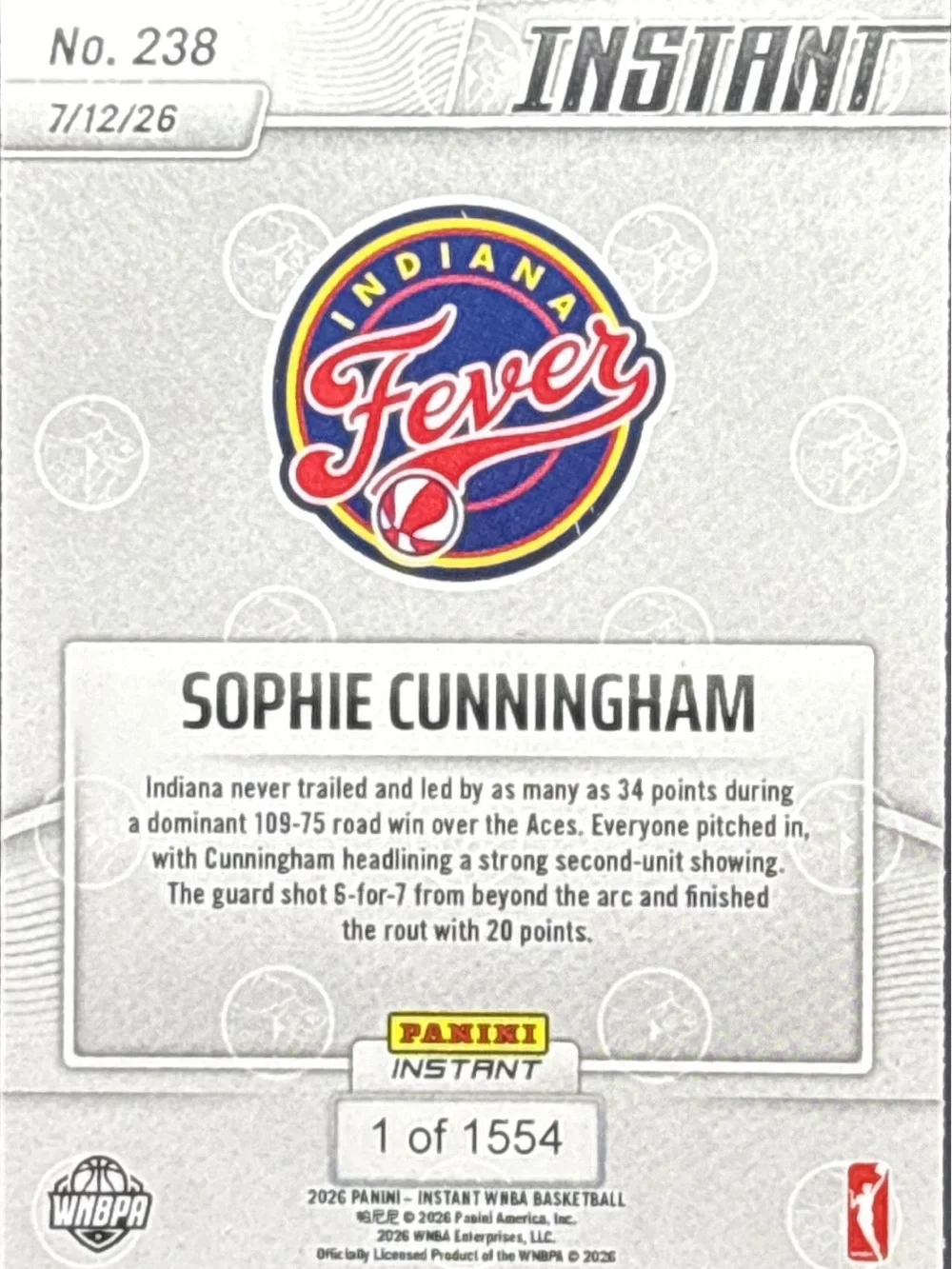 Panini Instant Sophie Cunningham Indiana Fever Card - LE 1/1554